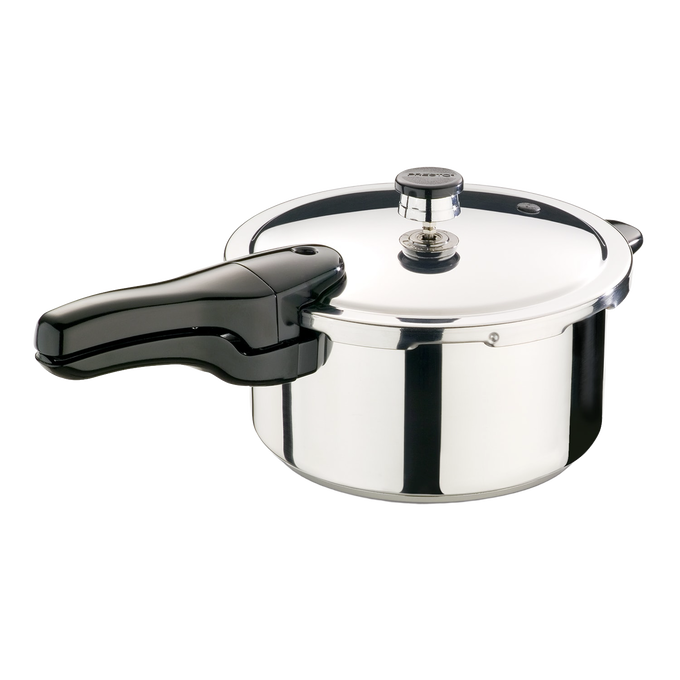 Handcrafted stainless steel pressure cooker with a polished finish and ergonomic black handle, suitable for Kitchen & Food, Cookware, Pots and Pans, Best Sellers, and Promo Eligible collections.
