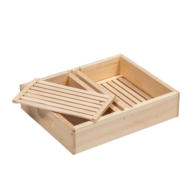Handcrafted Amish-made wooden top feeder for 10-frame hives featuring two reservoirs and floats, designed for beekeeping and included in Farm, Garden & Tool, USA Made, and Best Sellers collections.