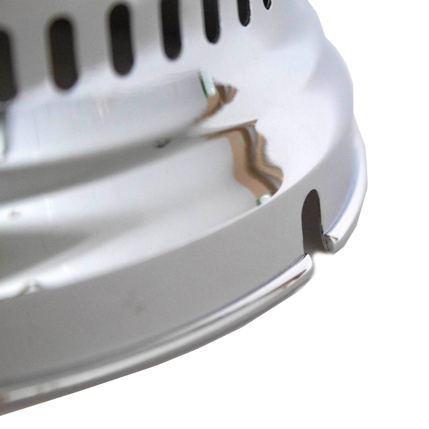 Close-up of a polished chrome brass hood with ventilation slots and screw holes, designed for fresh airflow and protection in lamps and lighting, featured in Best Sellers and Promo Eligible collections.