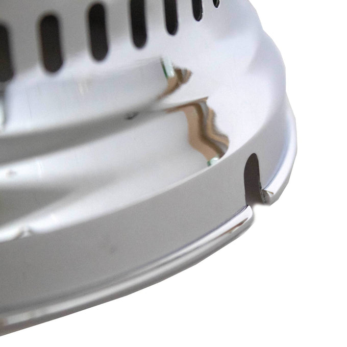 Close-up of a polished chrome brass hood with ventilation slots and screw holes, designed for fresh airflow and protection in lamps and lighting, featured in Best Sellers and Promo Eligible collections.