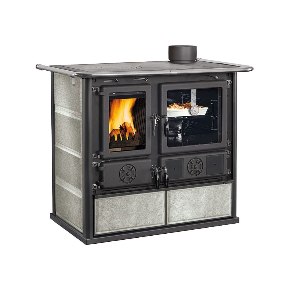 Wood-burning cookstove with cast iron firebox, porcelain enameled steel oven with glass door, featuring a built-in cooking surface, ideal for Stoves, Cookstoves, Best Sellers, and All Stoves & Appliances collections.