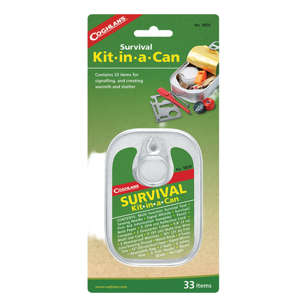 Compact survival kit in a can featuring 33 essential emergency tools including a compass, fire starter, signal mirror, and fishing line, ideal for Farm, Garden & Tool and Emergency Supplies collections.
