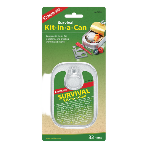 Compact survival kit in a can featuring 33 essential emergency tools including a compass, fire starter, signal mirror, and fishing line, ideal for Farm, Garden & Tool and Emergency Supplies collections.