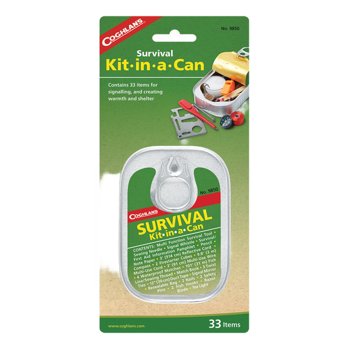 Compact survival kit in a can featuring 33 essential emergency tools including a compass, fire starter, signal mirror, and fishing line, ideal for Farm, Garden & Tool and Emergency Supplies collections.