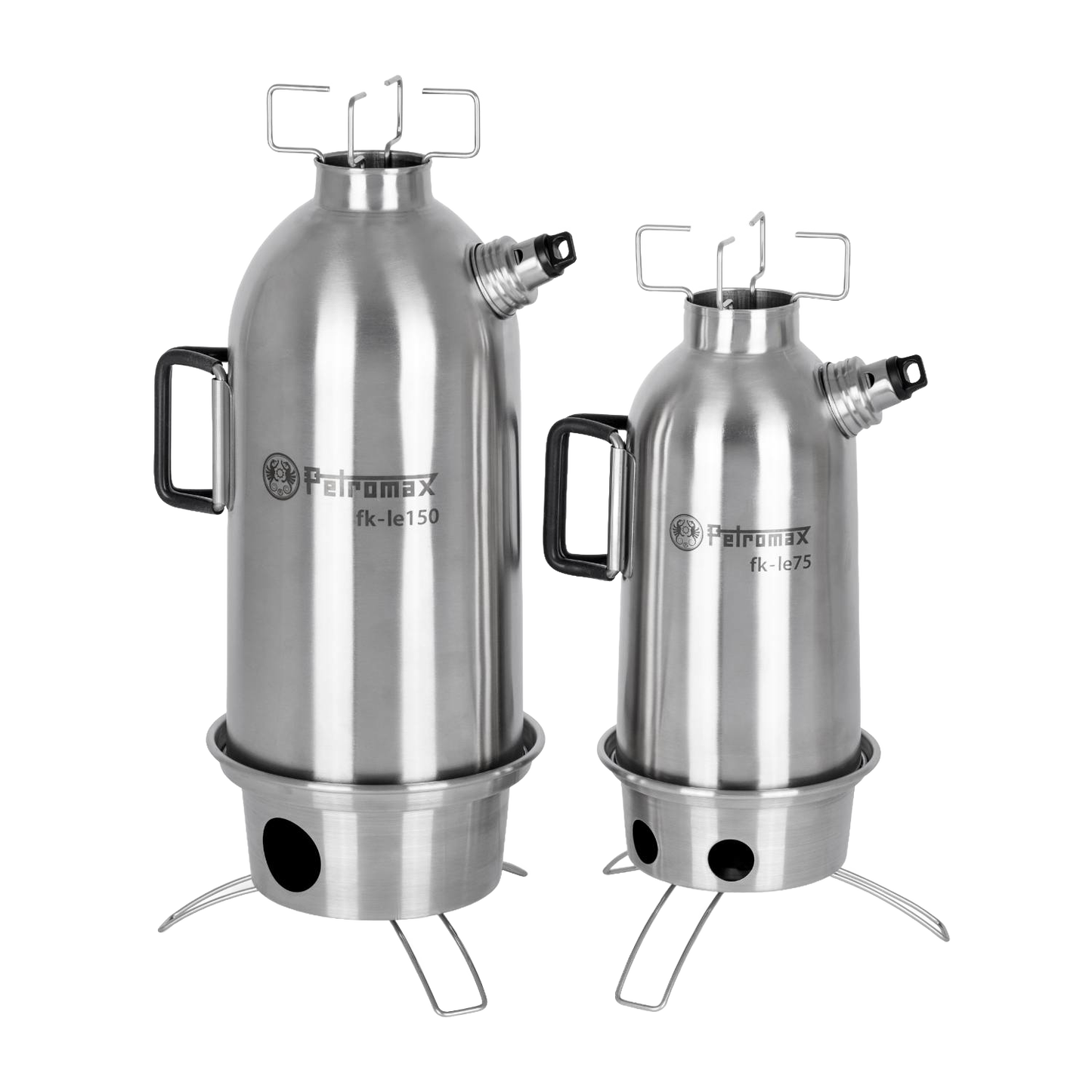 Two stainless steel fire kettles with foldable stove bases and screw-on spouts, designed for quick boiling using natural fuels; suitable for Farm, Garden & Tool, Camping, Emergency Supplies, and Best Sellers collections.