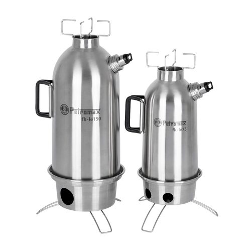 Two stainless steel fire kettles with foldable stove bases and screw-on spouts, designed for quick boiling using natural fuels; suitable for Farm, Garden & Tool, Camping, Emergency Supplies, and Best Sellers collections.