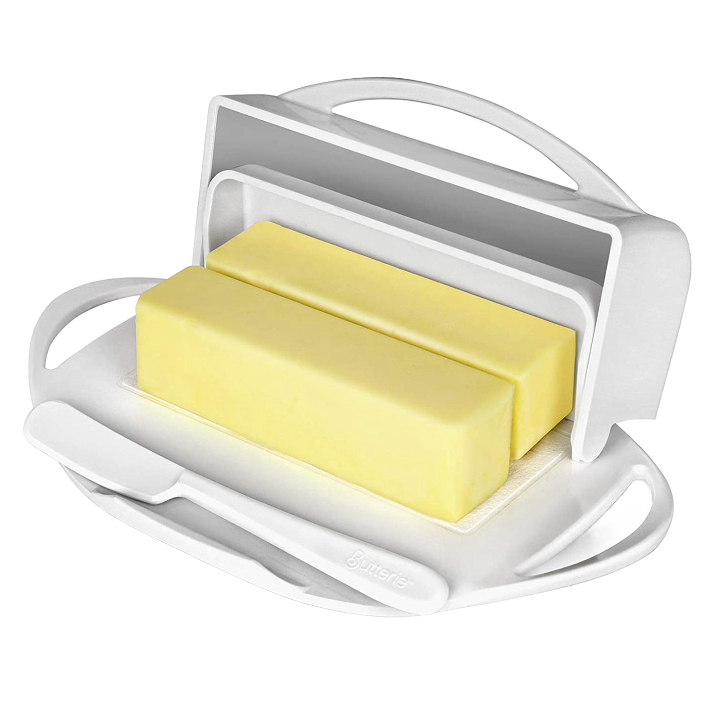 White flip-top butter dish with two sticks of butter and a matching spreader resting in a cradle, designed for neat and mess-free butter storage in Kitchen & Food and Kitchen Gadgets collections.
