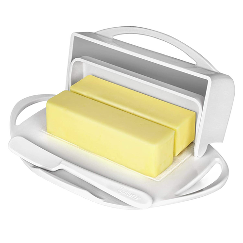 White flip-top butter dish with two sticks of butter and a matching spreader resting in a cradle, designed for neat and mess-free butter storage in Kitchen & Food and Kitchen Gadgets collections.