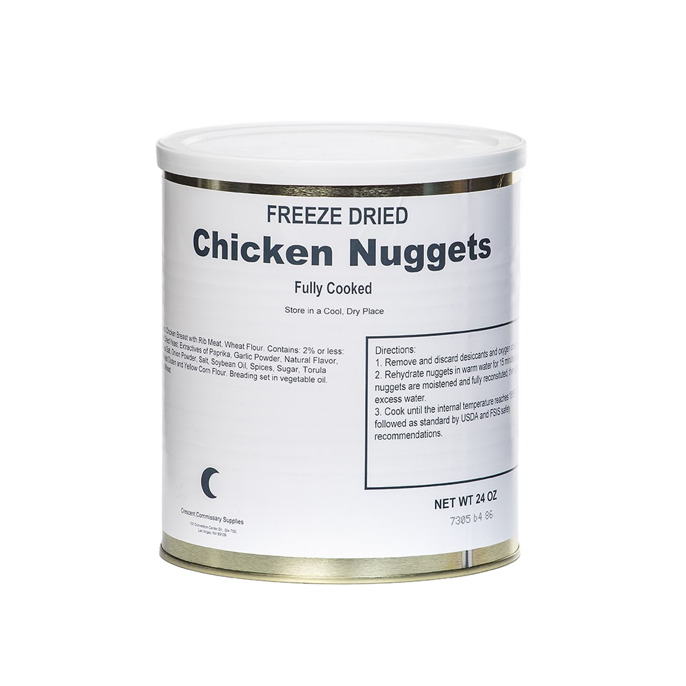 Metal can of freeze-dried fully cooked chicken nuggets with a simple white label, part of Kitchen & Food, Food, Freeze Dried, USA Made, Best Sellers, and Promo Eligible collections.
