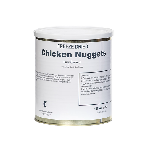 Metal can of freeze-dried fully cooked chicken nuggets with a simple white label, part of Kitchen & Food, Food, Freeze Dried, USA Made, Best Sellers, and Promo Eligible collections.