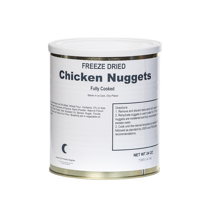 Metal can of freeze-dried fully cooked chicken nuggets with a simple white label, part of Kitchen & Food, Food, Freeze Dried, USA Made, Best Sellers, and Promo Eligible collections.