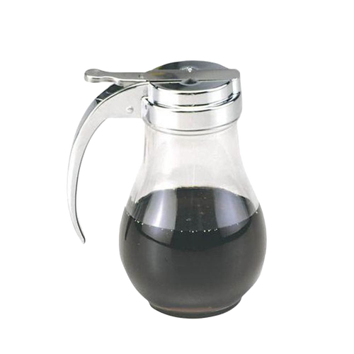 Glass syrup dispenser with a polished metal lid and thumb lever for easy pouring, perfect for Kitchen & Food, Kitchen Gadgets, and Storage and Serving collections.