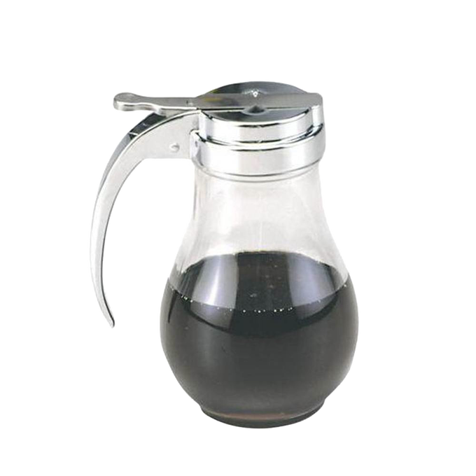 Glass syrup dispenser with a polished metal lid and thumb lever for easy pouring, perfect for Kitchen & Food, Kitchen Gadgets, and Storage and Serving collections.
