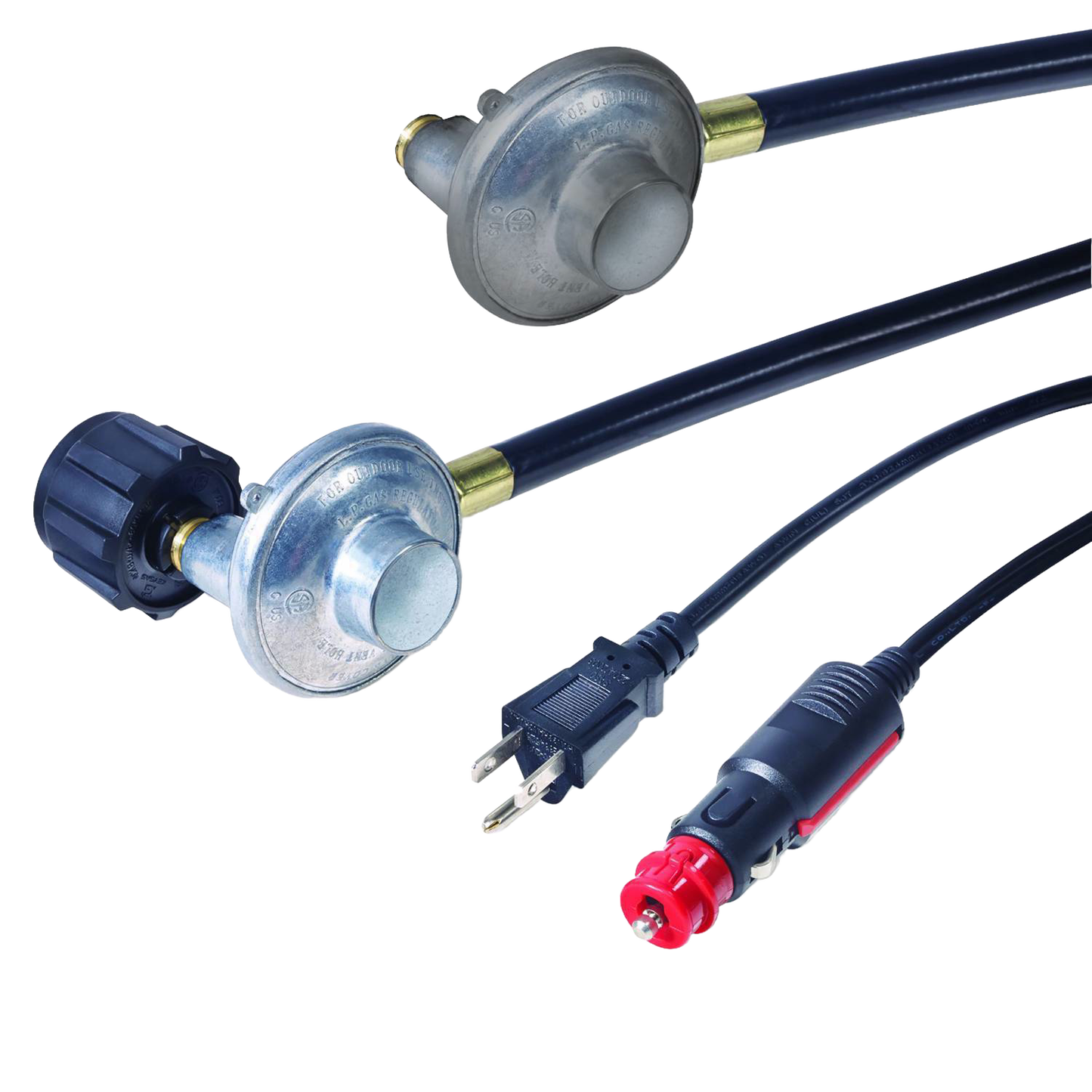 Set of gas and electric cords with propane gas regulator and adapter plugs for battery-operated ignition, designed for reliable outdoor appliance use in Farm, Garden & Tool and Appliances collections.