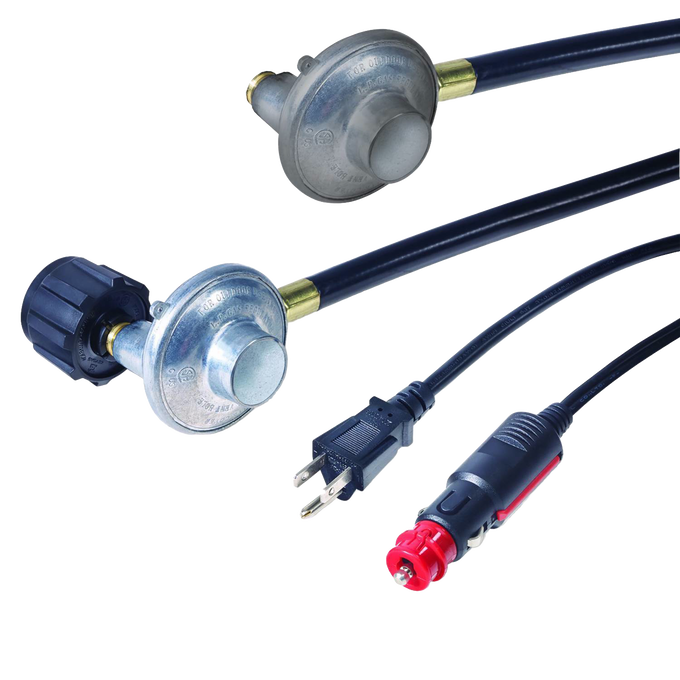 Set of gas and electric cords with propane gas regulator and adapter plugs for battery-operated ignition, designed for reliable outdoor appliance use in Farm, Garden & Tool and Appliances collections.