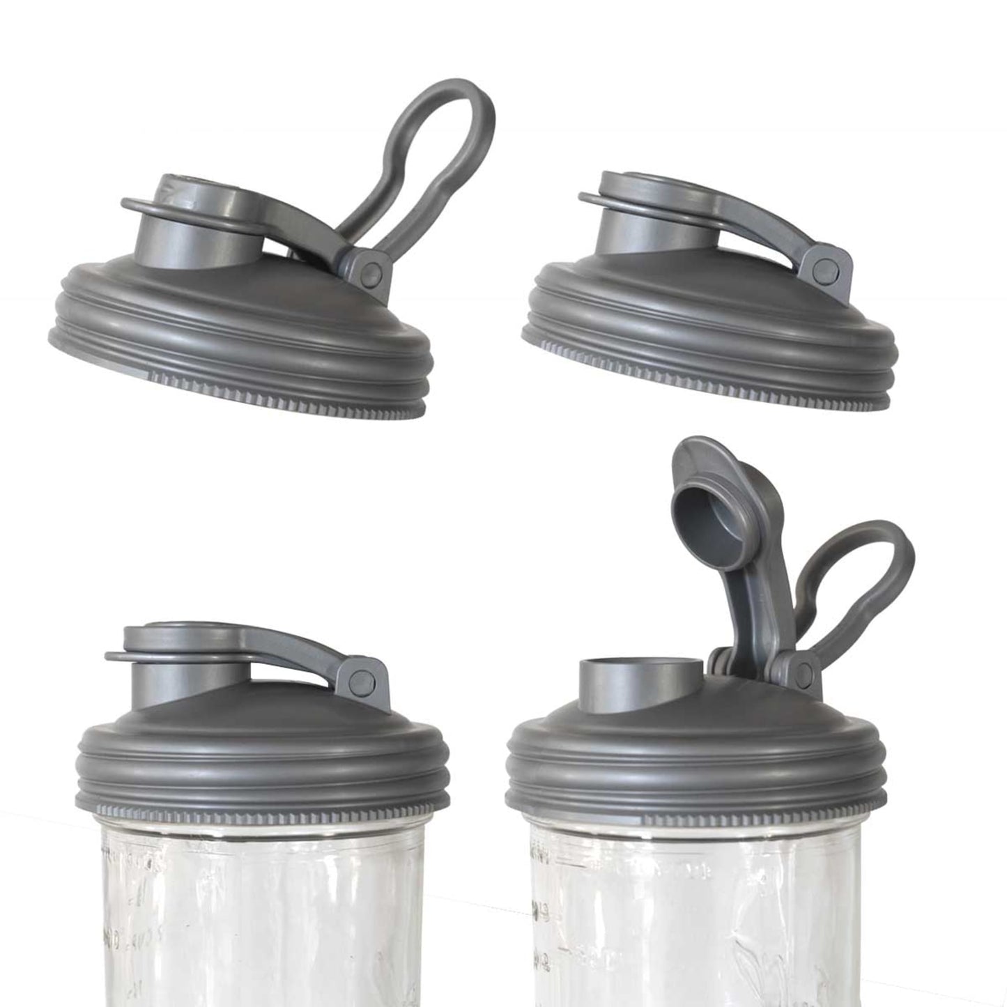 Gray wide-mouth pour lids with flip-top spouts and carry loops shown separately and attached to glass jars, made in USA, featured in Kitchen & Food, Dinnerware, Kitchen Gadgets, Kitchen Accessories, and Best Sellers collections.