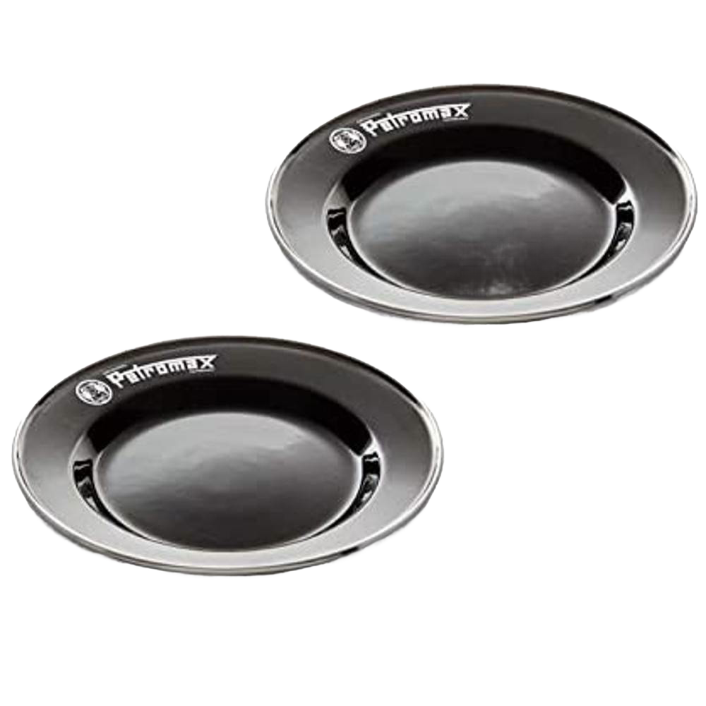 Pair of sturdy black enamel outdoor plates with a heat-resistant finish and Petromax logo, lightweight and perfect for Farm, Garden & Tool, Kitchen & Food, Camping, Dinnerware, and Best Sellers collections.