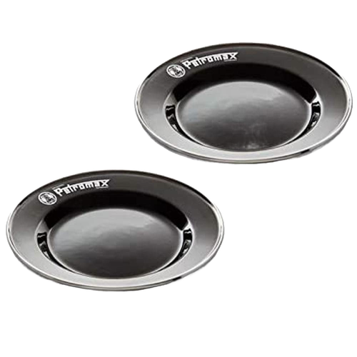 Pair of sturdy black enamel outdoor plates with a heat-resistant finish and Petromax logo, lightweight and perfect for Farm, Garden & Tool, Kitchen & Food, Camping, Dinnerware, and Best Sellers collections.
