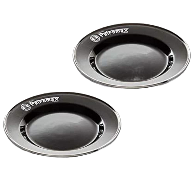 Pair of sturdy black enamel outdoor plates with a heat-resistant finish and Petromax logo, lightweight and perfect for Farm, Garden & Tool, Kitchen & Food, Camping, Dinnerware, and Best Sellers collections.
