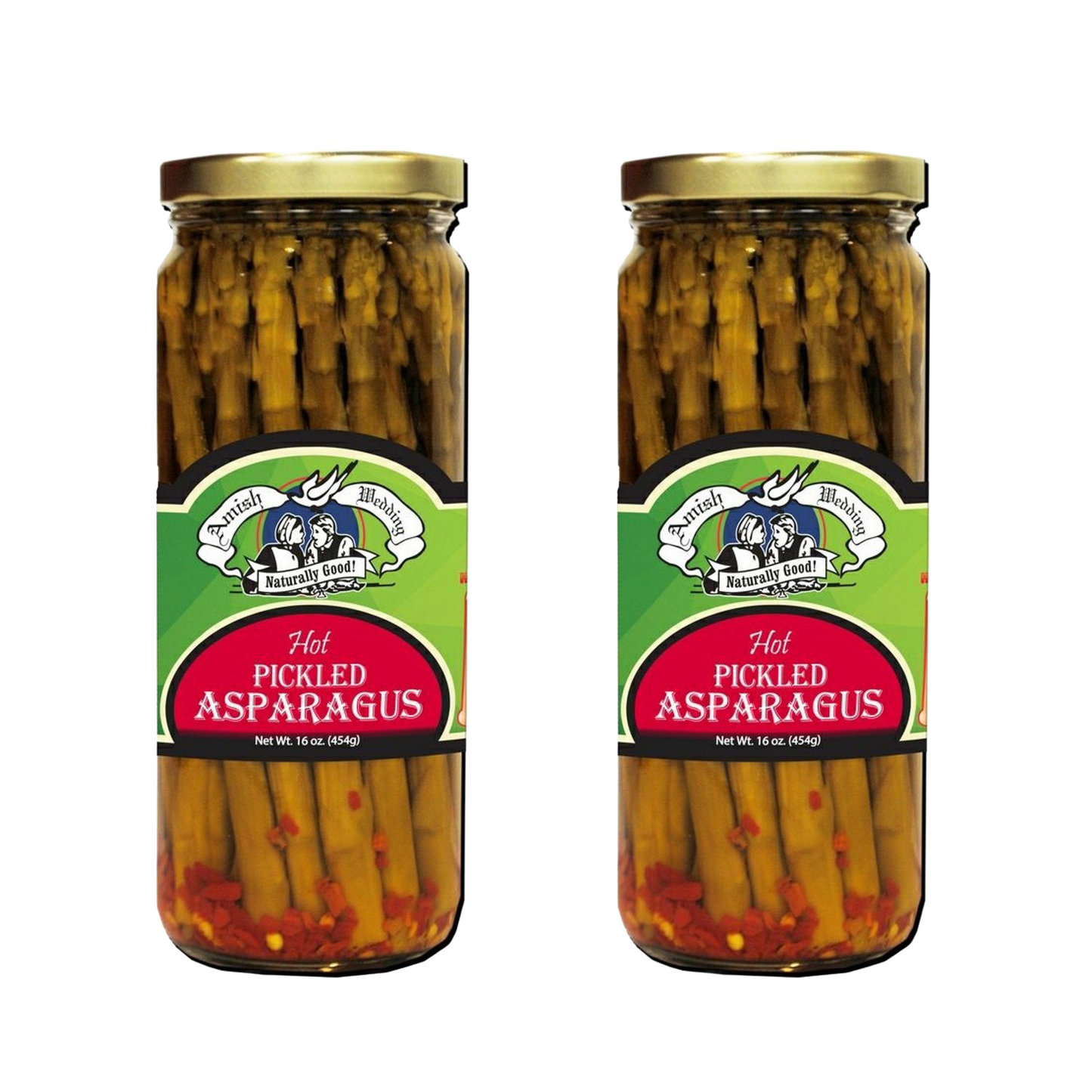 Two glass jars of handcrafted hot pickled asparagus with red chili flakes, showcasing Amish-made quality and tangy heat, ideal for Kitchen & Food, Pantry, USA Made, Best Sellers, and Promo Eligible collections.
