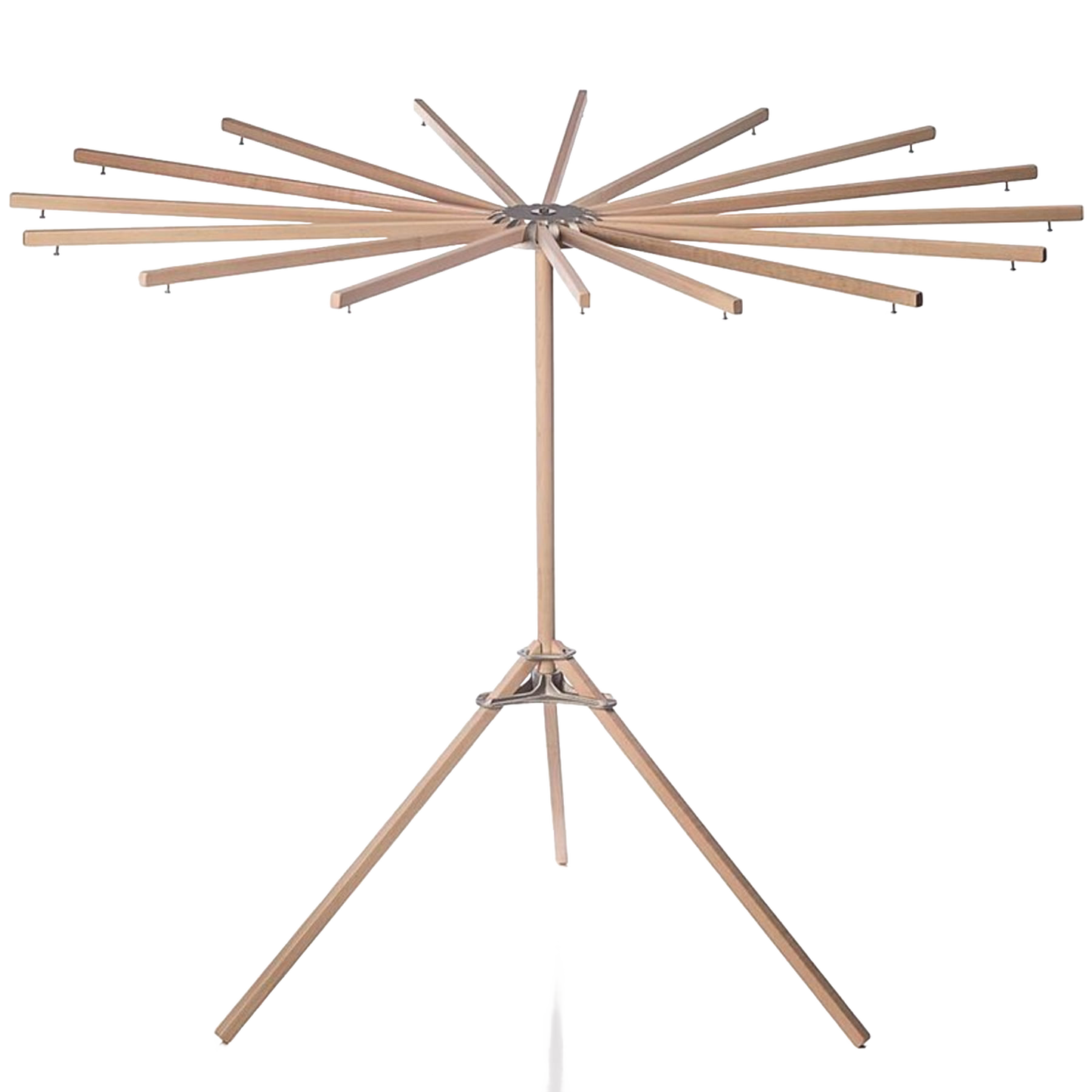 Handcrafted wooden floor drying rack with 16 extendable arms that rotate in a circular motion, featuring stainless steel hardware, made in USA, ideal for Laundry Supplies and Home & Decor collections.