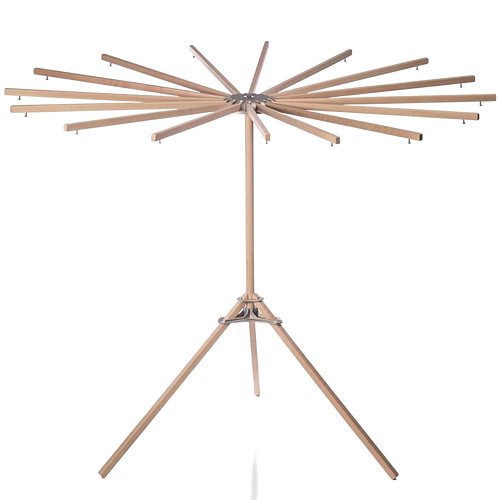 Handcrafted wooden floor drying rack with 16 extendable arms that rotate in a circular motion, featuring stainless steel hardware, made in USA, ideal for Laundry Supplies and Home & Decor collections.