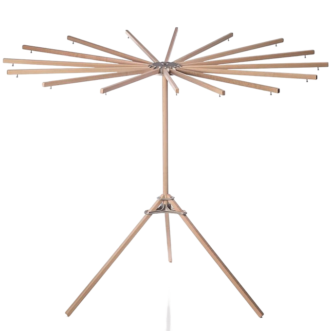 Handcrafted wooden floor drying rack with 16 extendable arms that rotate in a circular motion, featuring stainless steel hardware, made in USA, ideal for Laundry Supplies and Home & Decor collections.