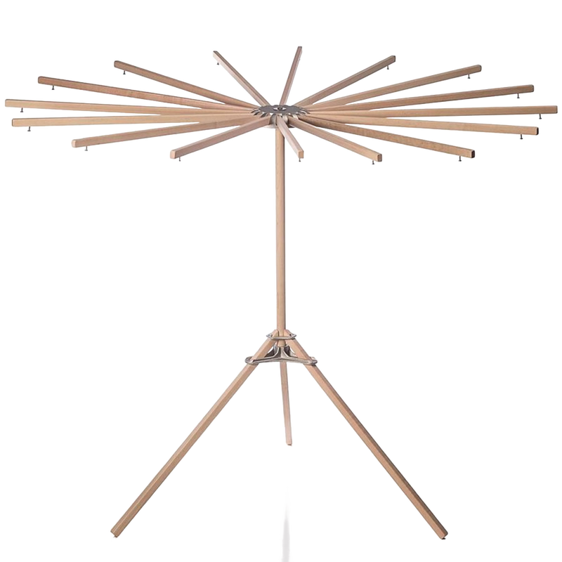 Handcrafted wooden floor drying rack with 16 extendable arms that rotate in a circular motion, featuring stainless steel hardware, made in USA, ideal for Laundry Supplies and Home & Decor collections.
