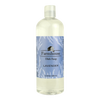 Clear bottle of handcrafted lavender-scented farmhouse dish soap with blue label featuring vintage farmhouse illustration, part of Home & Decor, Soaps and Soapmaking, and USA Made collections.