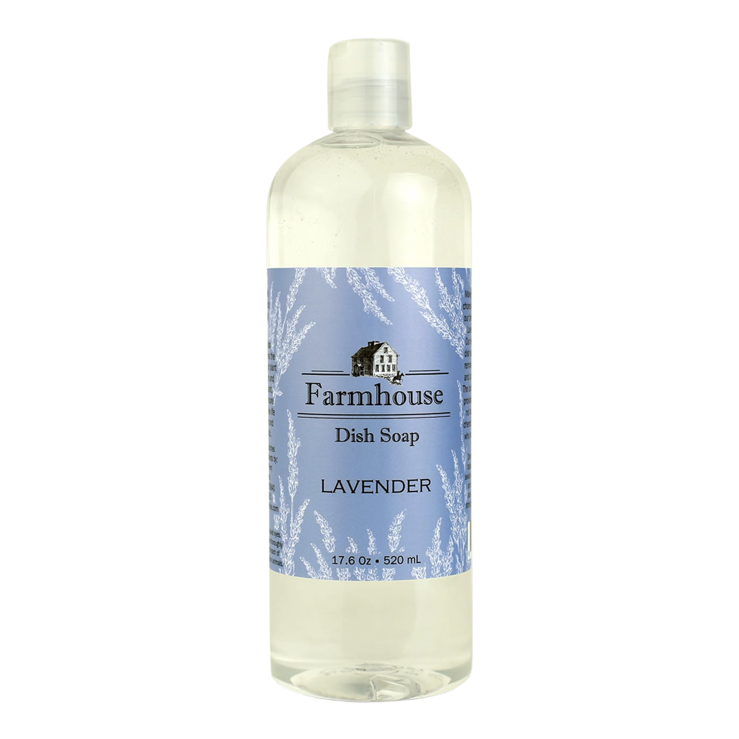 Clear bottle of handcrafted lavender-scented farmhouse dish soap with blue label featuring vintage farmhouse illustration, part of Home & Decor, Soaps and Soapmaking, and USA Made collections.