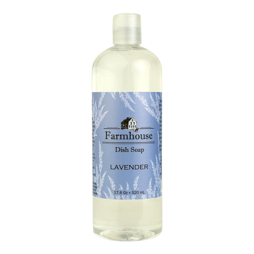 Clear bottle of handcrafted lavender-scented farmhouse dish soap with blue label featuring vintage farmhouse illustration, part of Home & Decor, Soaps and Soapmaking, and USA Made collections.