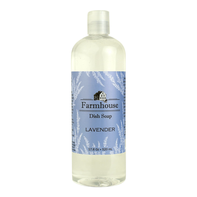 Clear bottle of handcrafted lavender-scented farmhouse dish soap with blue label featuring vintage farmhouse illustration, part of Home & Decor, Soaps and Soapmaking, and USA Made collections.