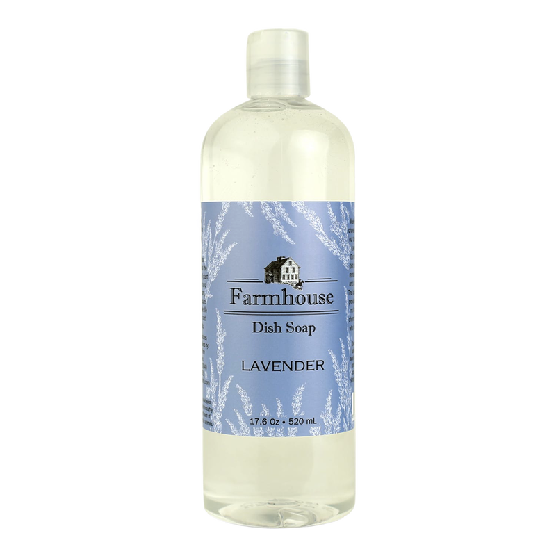 Clear bottle of handcrafted lavender-scented farmhouse dish soap with blue label featuring vintage farmhouse illustration, part of Home & Decor, Soaps and Soapmaking, and USA Made collections.
