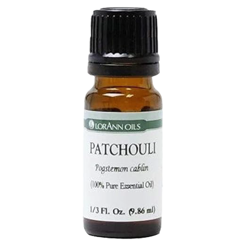 Small amber glass bottle with black cap containing pure Patchouli essential oil, ideal for Health & Wellness, aromatherapy, soapmaking, and crafting uses.