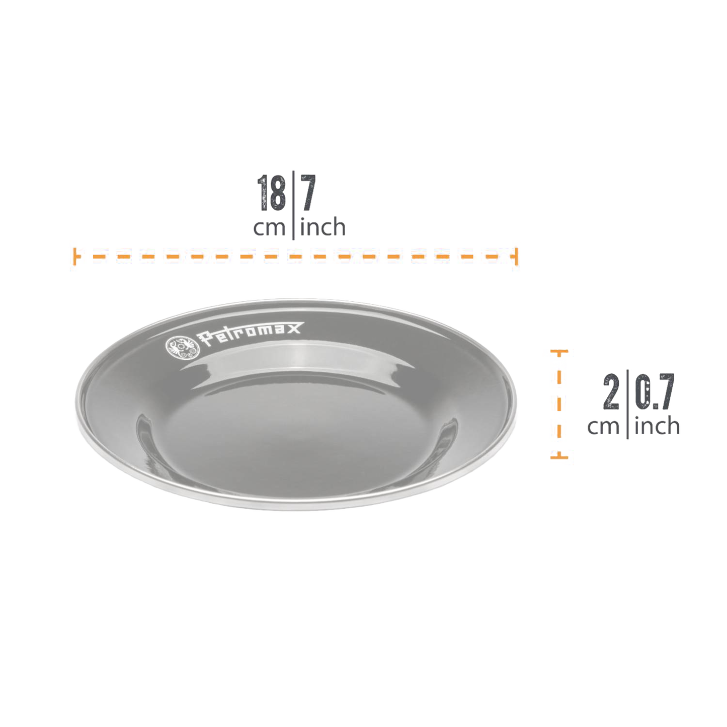 Single durable gray enamel plate with rounded edges and logo, lightweight and heat-resistant, suitable for Farm, Garden & Tool, Kitchen & Food, Camping, Dinnerware, Best Sellers, and Promo Eligible collections.