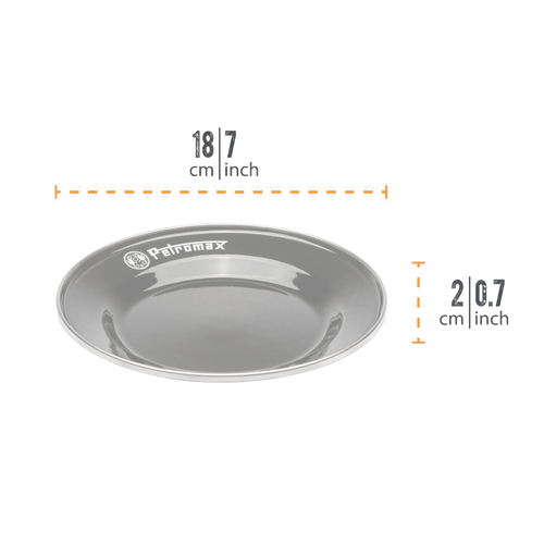 Single durable gray enamel plate with rounded edges and logo, lightweight and heat-resistant, suitable for Farm, Garden & Tool, Kitchen & Food, Camping, Dinnerware, Best Sellers, and Promo Eligible collections.