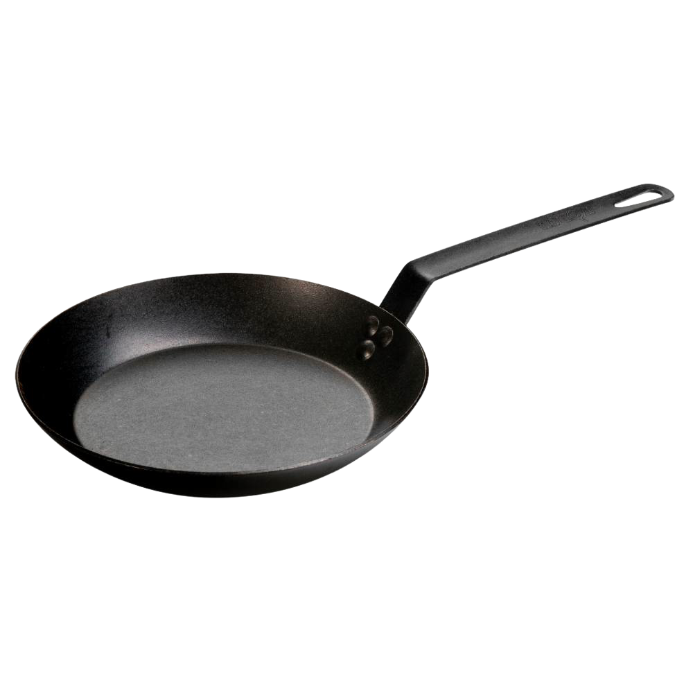 Seasoned steel skillet made in USA with long handle, crafted for durability and high-heat cooking, ideal for Kitchen & Food, Cookware, Pots and Pans, USA Made, Best Sellers, and Promo Eligible collections.
