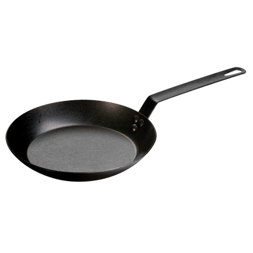 Seasoned steel skillet made in USA with long handle, crafted for durability and high-heat cooking, ideal for Kitchen & Food, Cookware, Pots and Pans, USA Made, Best Sellers, and Promo Eligible collections.