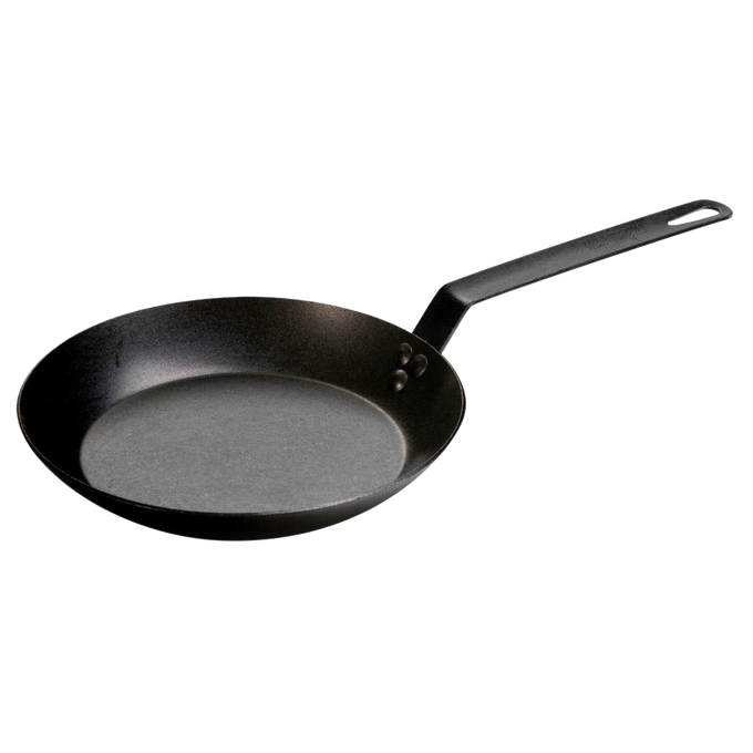 Seasoned steel skillet made in USA with long handle, crafted for durability and high-heat cooking, ideal for Kitchen & Food, Cookware, Pots and Pans, USA Made, Best Sellers, and Promo Eligible collections.
