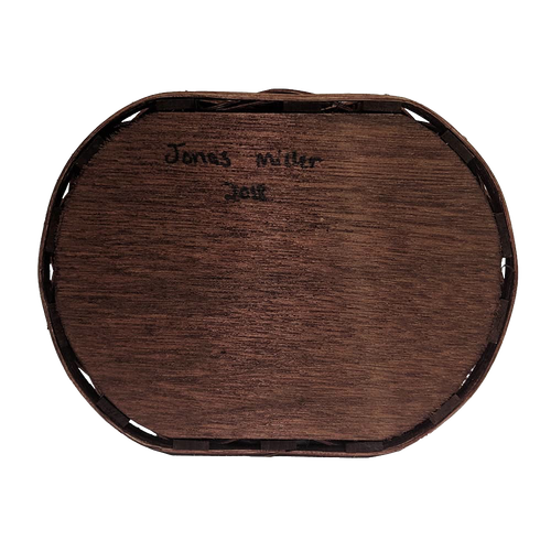 Oval-shaped handcrafted wooden basket base with a dark stained finish, signed by the Amish artisan, made in the USA for Home & Decor and Household Helpers collections.