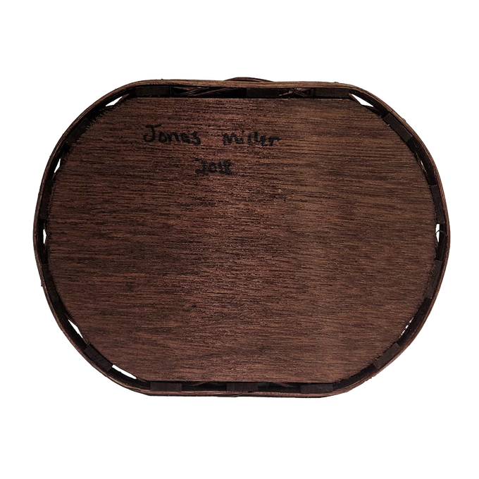 Oval-shaped handcrafted wooden basket base with a dark stained finish, signed by the Amish artisan, made in the USA for Home & Decor and Household Helpers collections.