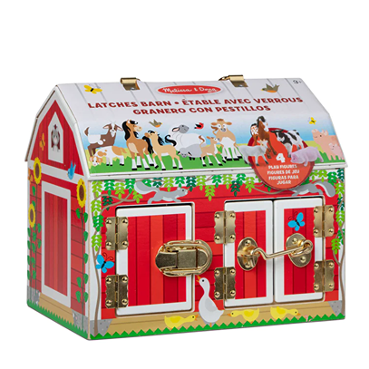 Brightly illustrated wooden barn toy with functional latch doors and handle, includes four flocked animal figures including cow, pig, goat, and horse, part of Children's Toys and Wooden Toys collections.