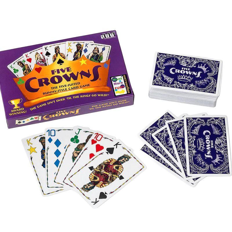 Colorful box and deck of Toys, Books & Games playing cards arranged with face-up rummy-style cards featuring illustrated kings, included in Children's Toys and Table and Board Games collections.