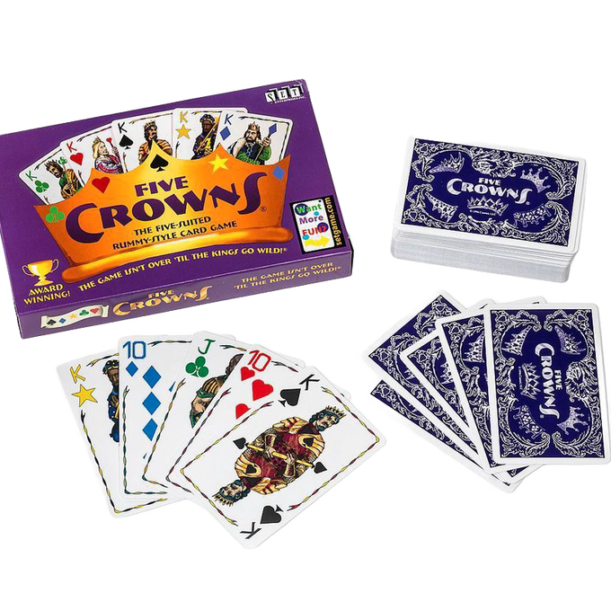 Colorful box and deck of Toys, Books & Games playing cards arranged with face-up rummy-style cards featuring illustrated kings, included in Children's Toys and Table and Board Games collections.