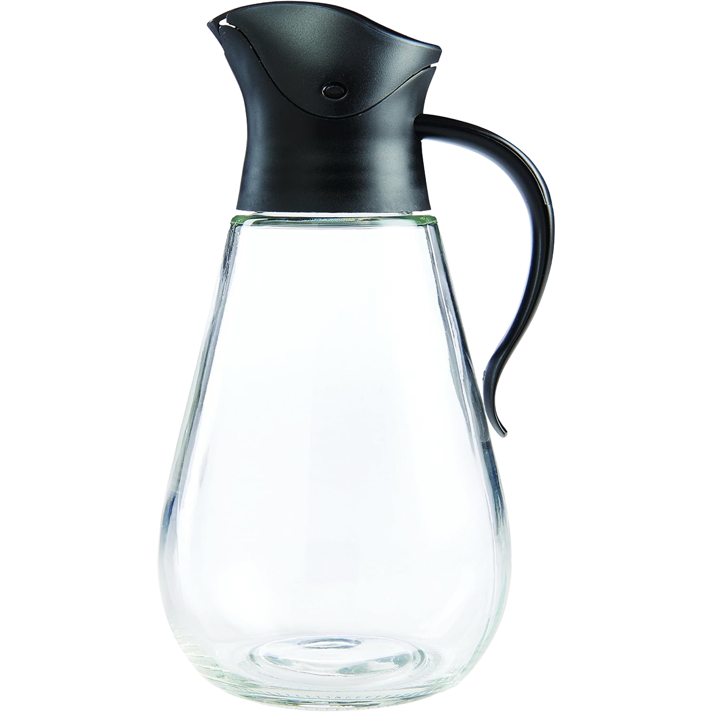 Clear glass syrup dispenser with curved handle and drip-free gravity lid that closes automatically when upright, ideal for Kitchen & Food, Storage and Serving, Best Sellers, and Promo Eligible collections.