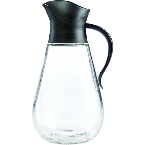 Clear glass syrup dispenser with curved handle and drip-free gravity lid that closes automatically when upright, ideal for Kitchen & Food, Storage and Serving, Best Sellers, and Promo Eligible collections.