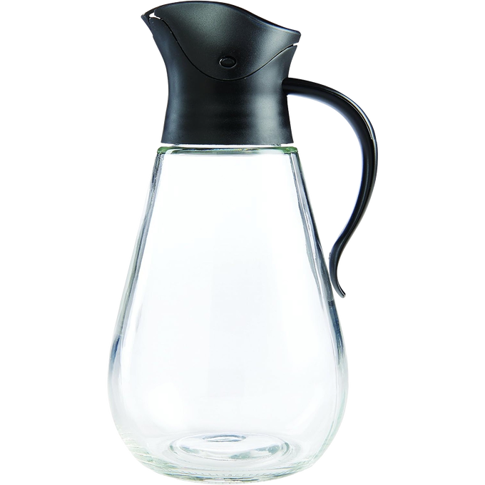 Clear glass syrup dispenser with curved handle and drip-free gravity lid that closes automatically when upright, ideal for Kitchen & Food, Storage and Serving, Best Sellers, and Promo Eligible collections.