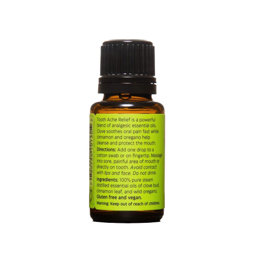 Amber glass bottle featuring a green label with directions and ingredients for soothing tooth pain using a handcrafted blend of clove, cinnamon, and oregano oils, part of Health & Wellness and Grooming collections.