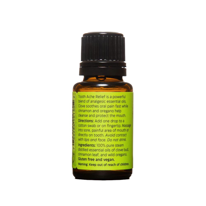 Amber glass bottle featuring a green label with directions and ingredients for soothing tooth pain using a handcrafted blend of clove, cinnamon, and oregano oils, part of Health & Wellness and Grooming collections.