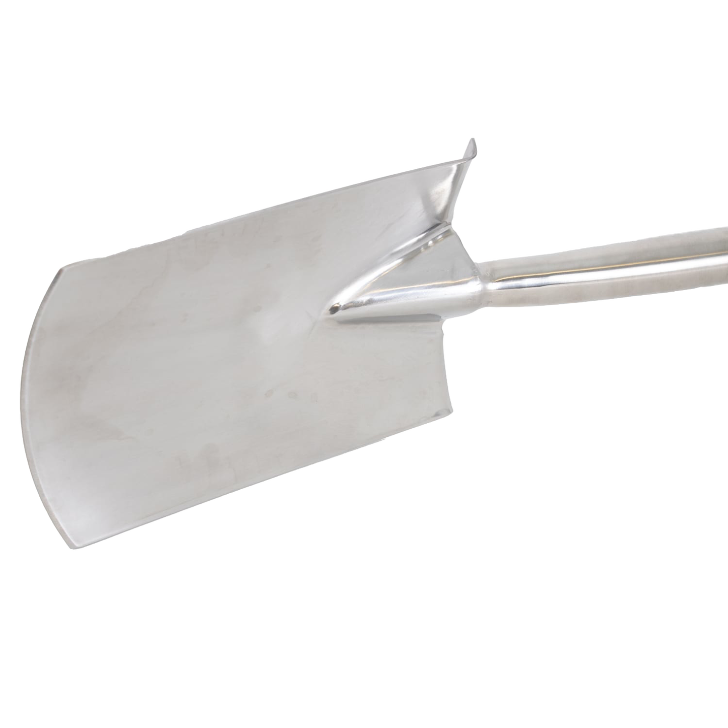 Close-up of a mirror-polished stainless steel digging spade blade with welded attachment to a weatherproof hardwood shaft, ideal for heavy garden soil work in Farm, Garden & Tool collections.